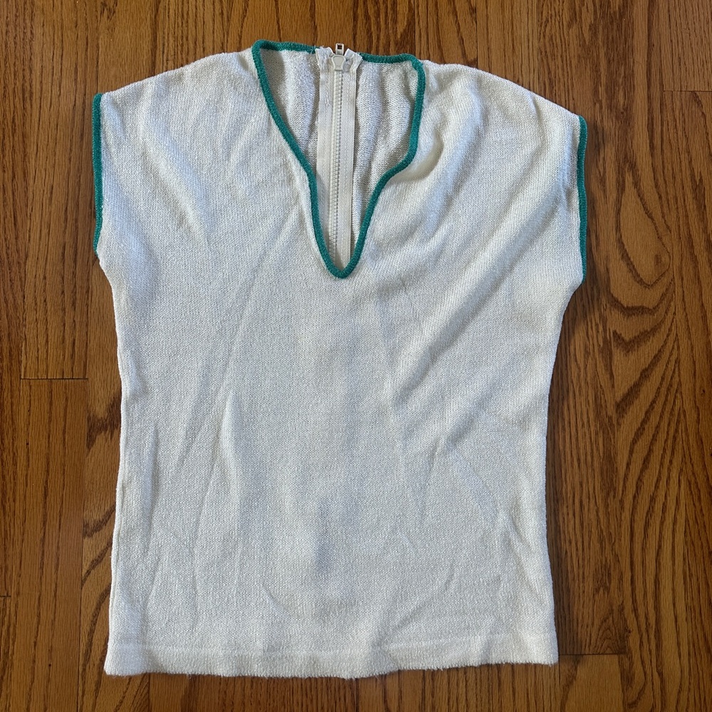 White Knit Top with Green Trim